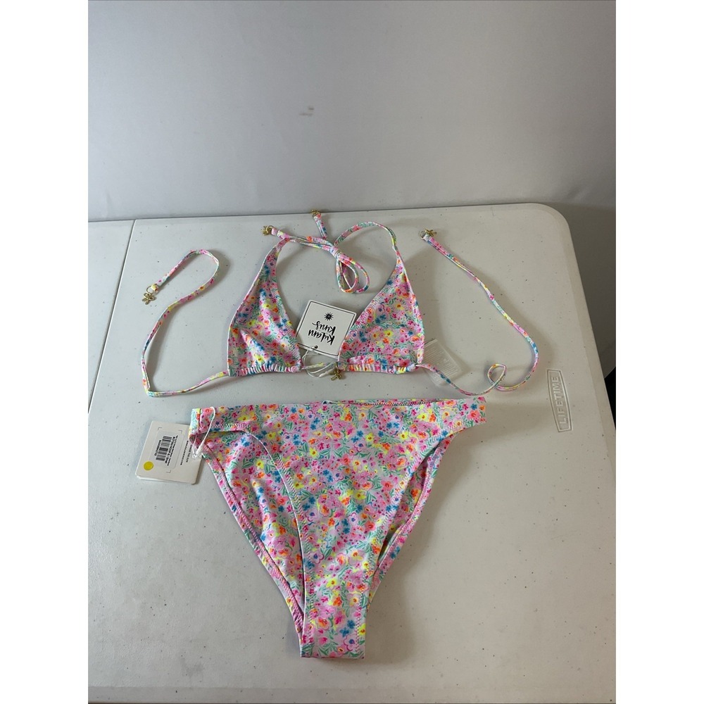 New Kulani Kinis MoonFlower Bikini Set Sz S High Leg Bottom, XS Triangle Halter